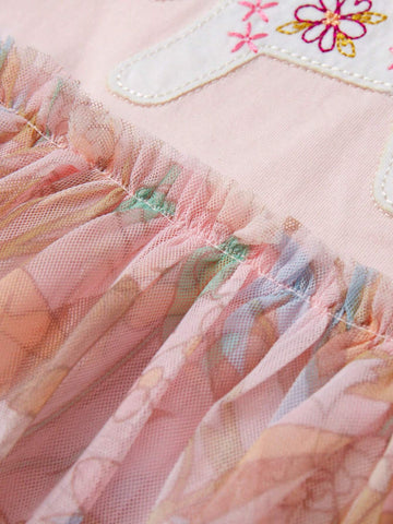 Young Girl Casual Cap Sleeve Mesh Dress Cartoon Unicorn Embroidered Pattern Digital Mesh & Print Craft Summer Breathable Style