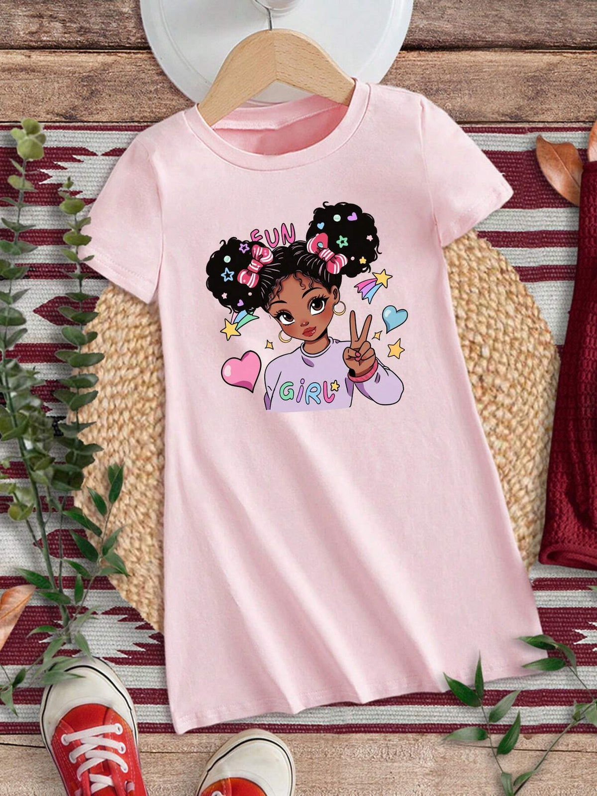 Young Girl Casual Cartoon Girl & Heart Printed Short Sleeve Dress Suitable For Summer