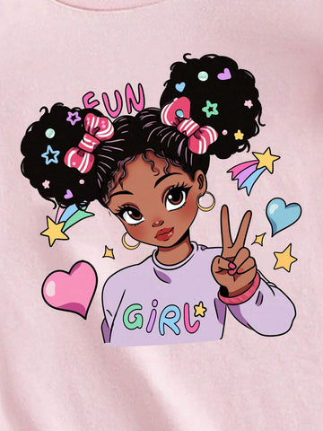 Young Girl Casual Cartoon Girl & Heart Printed Short Sleeve Dress Suitable For Summer