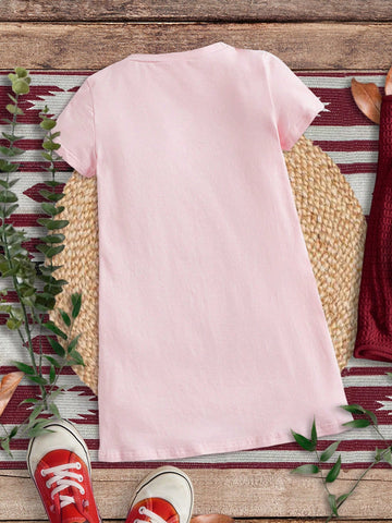 Young Girl Casual Cartoon Girl & Heart Printed Short Sleeve Dress Suitable For Summer