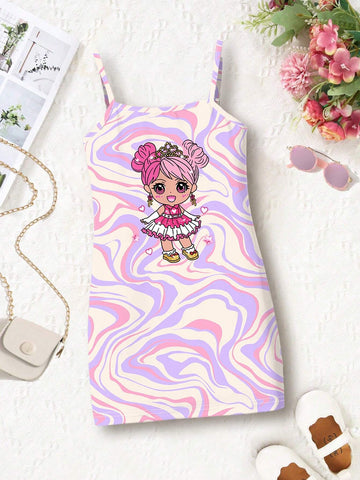 Young Girl Casual Cartoon Pattern Sleeveless Midi Dress Suitable For Summer