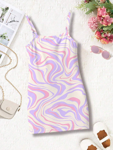 Young Girl Casual Cartoon Pattern Sleeveless Midi Dress Suitable For Summer