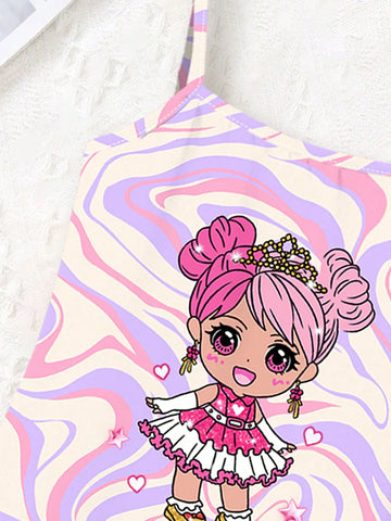 Young Girl Casual Cartoon Pattern Sleeveless Midi Dress Suitable For Summer