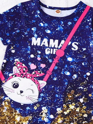 Young Girl Casual Cat Print Shiny Sequin Short Sleeve Thin Knit Dress