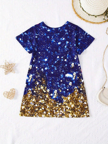 Young Girl Casual Cat Print Shiny Sequin Short Sleeve Thin Knit Dress