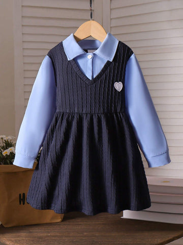Young Girl Casual Chic College Style 2 In 1 Checkered Knitted Dress, Spring/Autumn