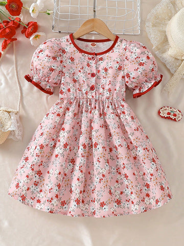 Young Girl' Casual Chic Flower Print Puff Sleeve Round Neck Dress