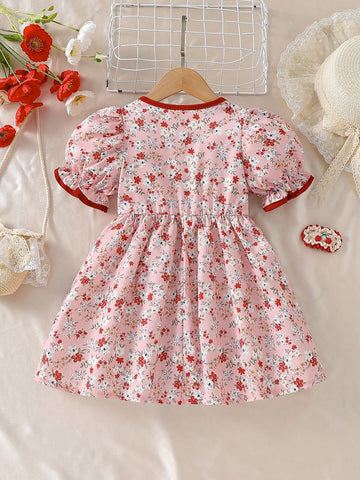 Young Girl' Casual Chic Flower Print Puff Sleeve Round Neck Dress
