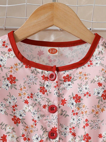 Young Girl' Casual Chic Flower Print Puff Sleeve Round Neck Dress