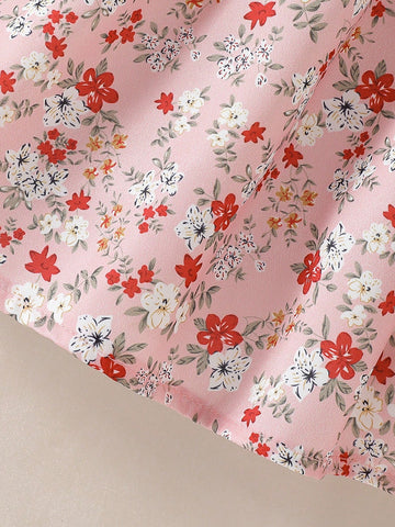 Young Girl' Casual Chic Flower Print Puff Sleeve Round Neck Dress