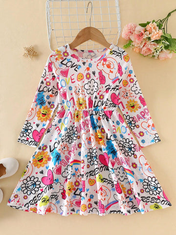 Young Girl Casual Chic Street Style Round Neck Dropped Shoulder Long Sleeve Waisted A-Line Cartoon Print Dress, Suitable For Daily Wear And In Early Autumn
