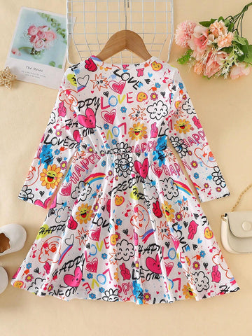 Young Girl Casual Chic Street Style Round Neck Dropped Shoulder Long Sleeve Waisted A-Line Cartoon Print Dress, Suitable For Daily Wear And In Early Autumn