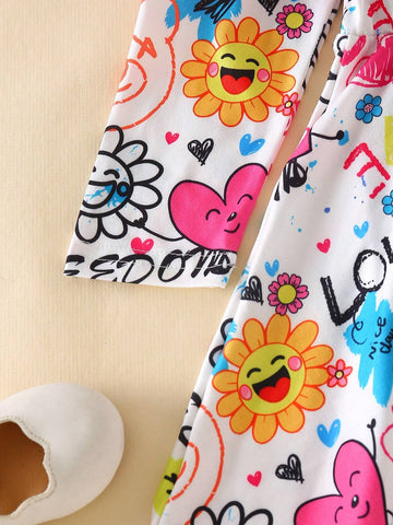 Young Girl Casual Chic Street Style Round Neck Dropped Shoulder Long Sleeve Waisted A-Line Cartoon Print Dress, Suitable For Daily Wear And In Early Autumn