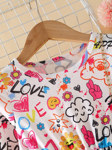 Young Girl Casual Chic Street Style Round Neck Dropped Shoulder Long Sleeve Waisted A-Line Cartoon Print Dress, Suitable For Daily Wear And In Early Autumn