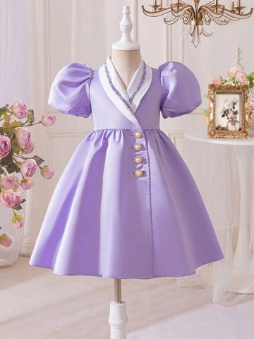 Young Girl Casual Color Block Ribbon Trim Button Decor Puff Sleeve A-Line Dress
