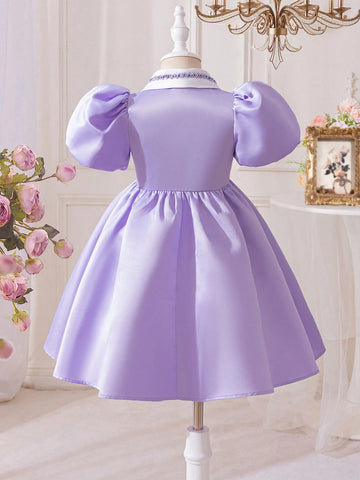 Young Girl Casual Color Block Ribbon Trim Button Decor Puff Sleeve A-Line Dress