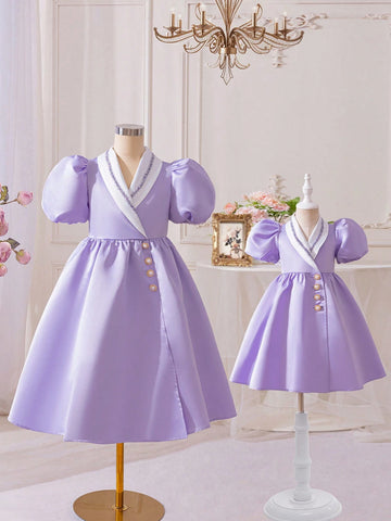 Young Girl Casual Color Block Ribbon Trim Button Decor Puff Sleeve A-Line Dress