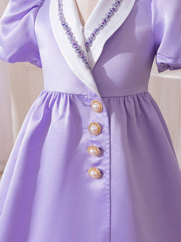 Young Girl Casual Color Block Ribbon Trim Button Decor Puff Sleeve A-Line Dress