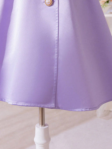 Young Girl Casual Color Block Ribbon Trim Button Decor Puff Sleeve A-Line Dress