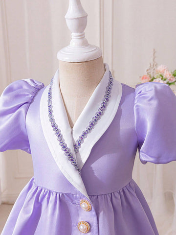 Young Girl Casual Color Block Ribbon Trim Button Decor Puff Sleeve A-Line Dress
