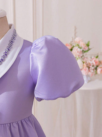 Young Girl Casual Color Block Ribbon Trim Button Decor Puff Sleeve A-Line Dress