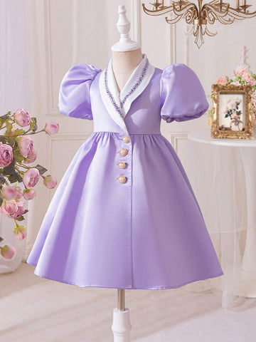 Young Girl Casual Color Block Ribbon Trim Button Decor Puff Sleeve A-Line Dress