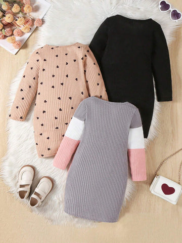 Young Girl' Casual Colorblock, Heart Print & Black Round Neck Long Sleeve Dress