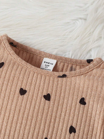 Young Girl' Casual Colorblock, Heart Print & Black Round Neck Long Sleeve Dress