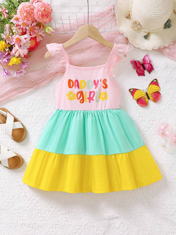 Young Girl Casual Colorful Patchwork Flying Sleeve Dress With Letter Elements, Sweet And Cute, Suitable For Daily Wear