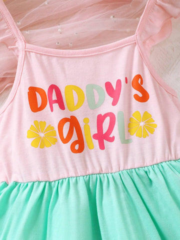 Young Girl Casual Colorful Patchwork Flying Sleeve Dress With Letter Elements, Sweet And Cute, Suitable For Daily Wear