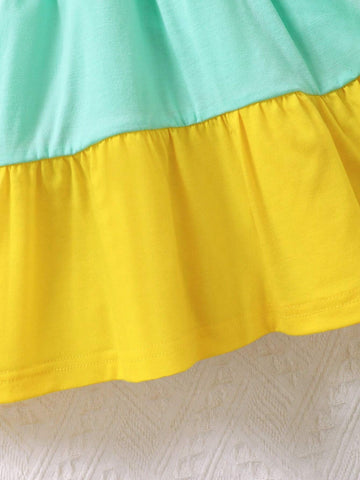 Young Girl Casual Colorful Patchwork Flying Sleeve Dress With Letter Elements, Sweet And Cute, Suitable For Daily Wear