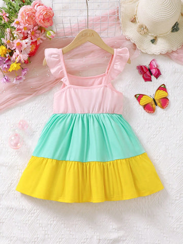 Young Girl Casual Colorful Patchwork Flying Sleeve Dress With Letter Elements, Sweet And Cute, Suitable For Daily Wear