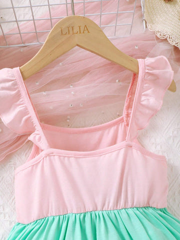 Young Girl Casual Colorful Patchwork Flying Sleeve Dress With Letter Elements, Sweet And Cute, Suitable For Daily Wear