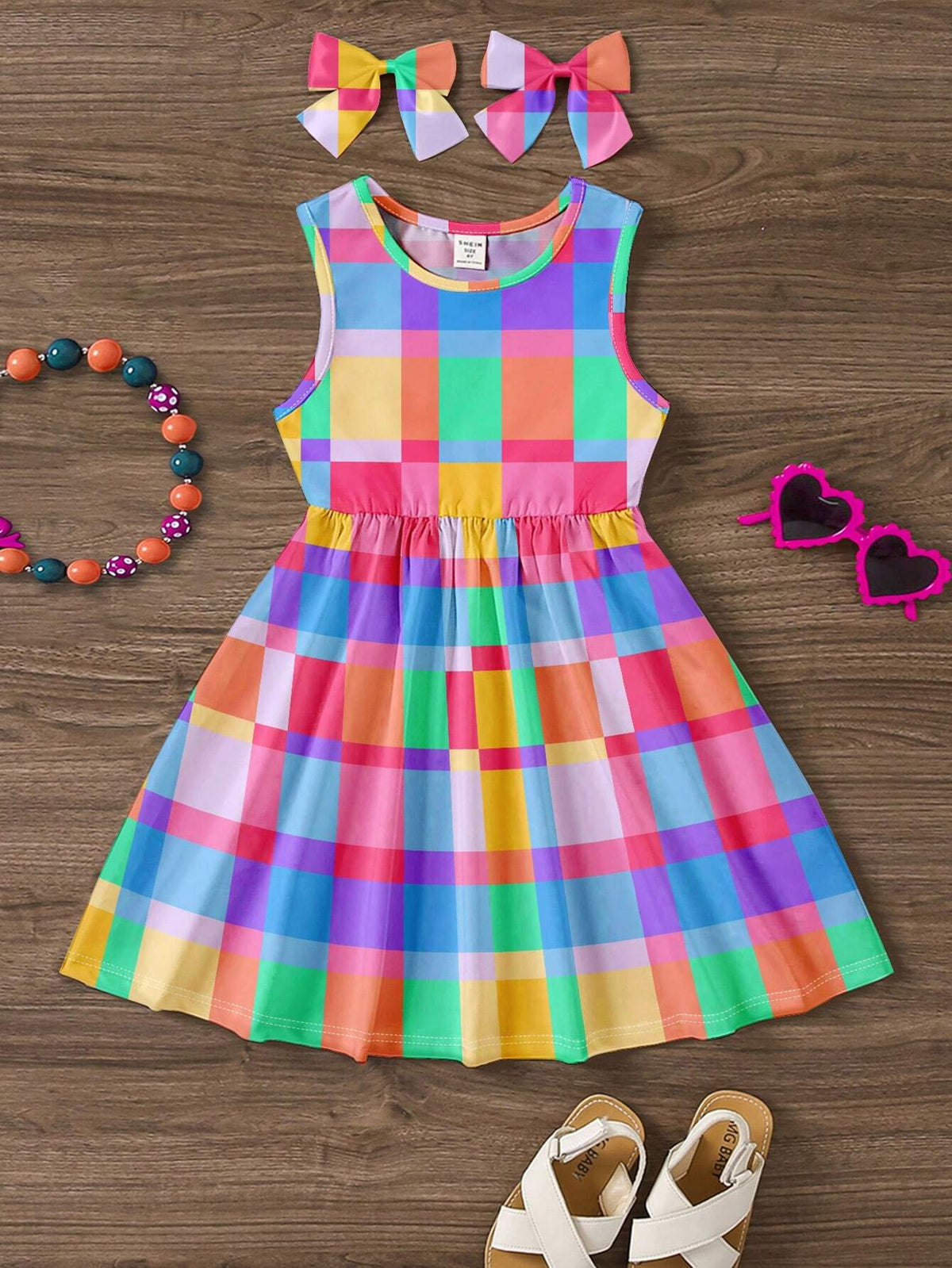 Young Girl Casual Colorful Plaid Pattern Sleeveless Midi Dress, Summer Outfit