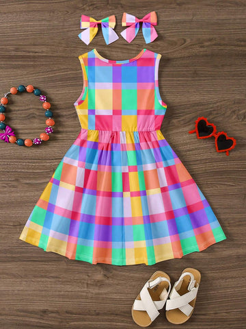Young Girl Casual Colorful Plaid Pattern Sleeveless Midi Dress, Summer Outfit