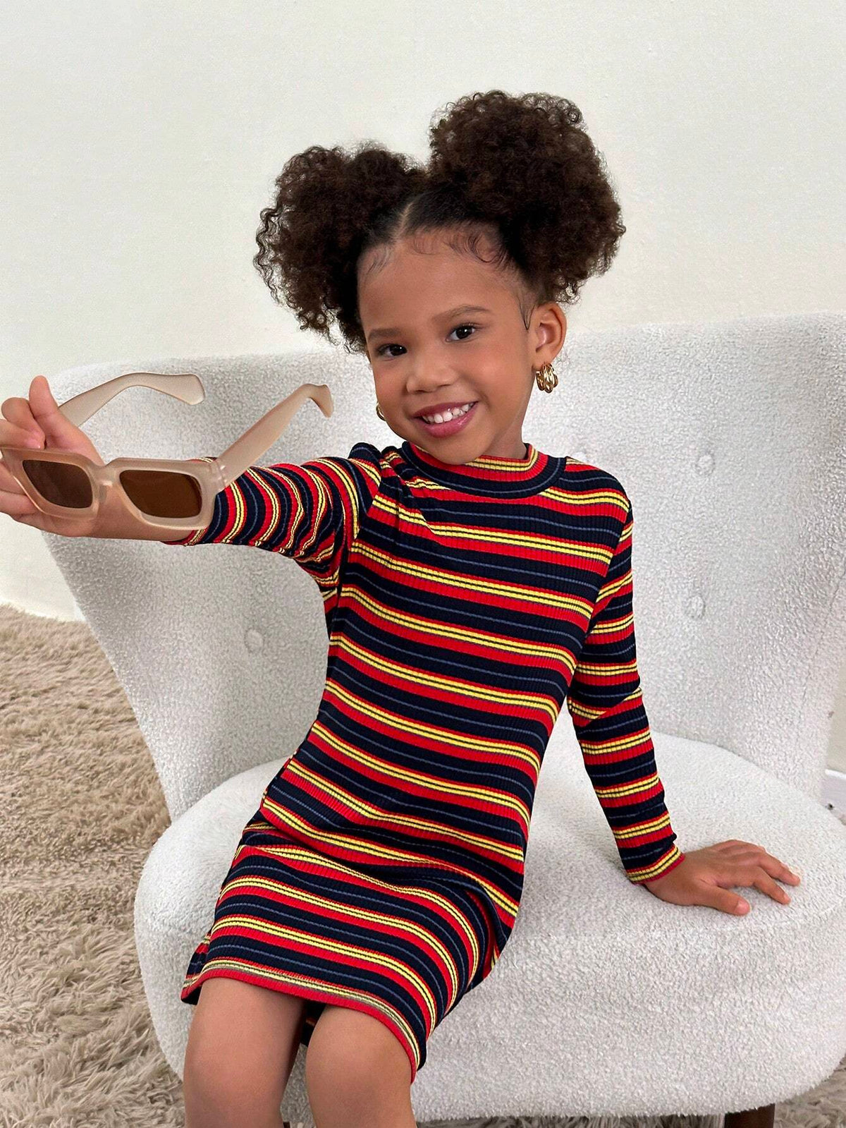 Young Girl Casual Colorful Striped Knit Crew Neck Long Sleeve Dress
