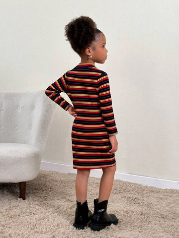 Young Girl Casual Colorful Striped Knit Crew Neck Long Sleeve Dress