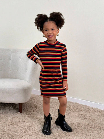 Young Girl Casual Colorful Striped Knit Crew Neck Long Sleeve Dress