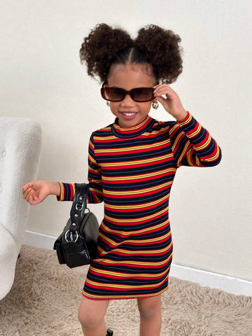 Young Girl Casual Colorful Striped Knit Crew Neck Long Sleeve Dress