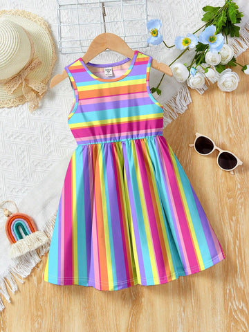 Young Girl Casual Colorful Striped Sleeveless Mid-Length Dress, Suitable For Summer