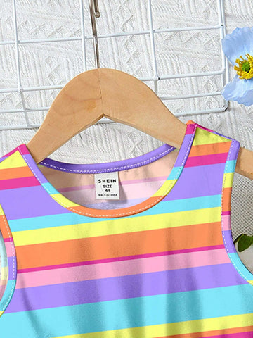 Young Girl Casual Colorful Striped Sleeveless Mid-Length Dress, Suitable For Summer