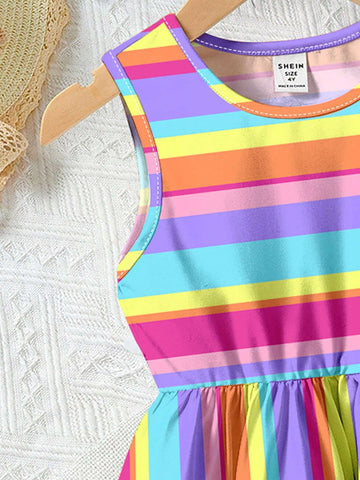 Young Girl Casual Colorful Striped Sleeveless Mid-Length Dress, Suitable For Summer
