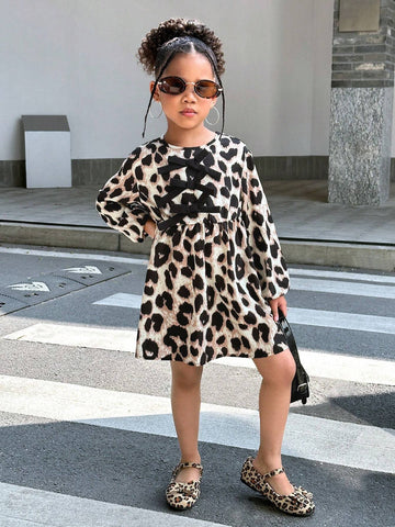 Young Girl Casual Comfortable Leopard Print Long Sleeve Dress
