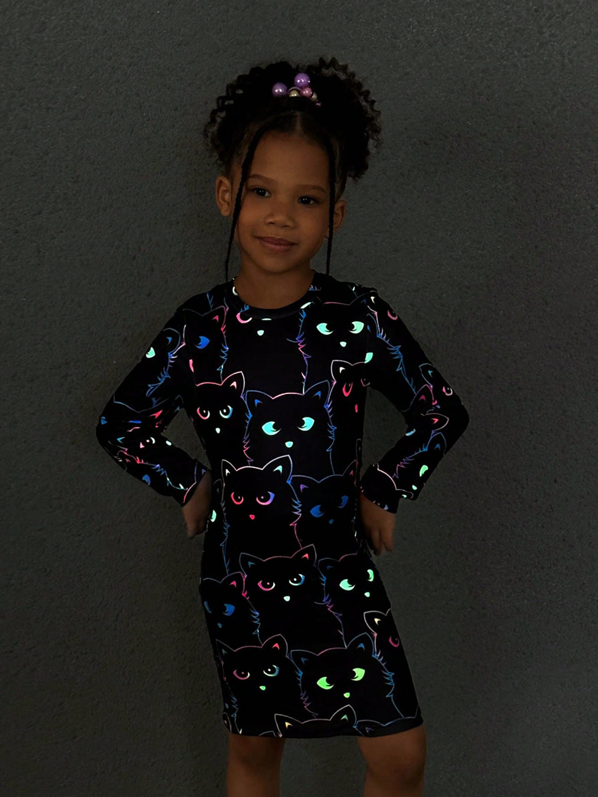 Young Girl Casual Comfortable Print Knit Crew Neck Long Sleeve Fitted Dress