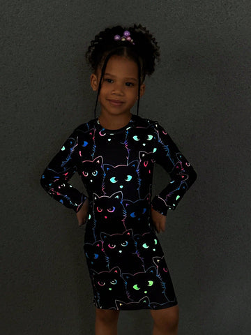 Young Girl Casual Comfortable Print Knit Crew Neck Long Sleeve Fitted Dress