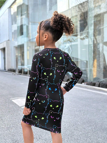 Young Girl Casual Comfortable Print Knit Crew Neck Long Sleeve Fitted Dress