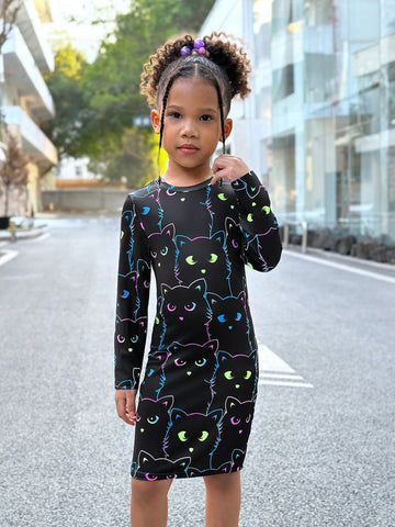 Young Girl Casual Comfortable Print Knit Crew Neck Long Sleeve Fitted Dress