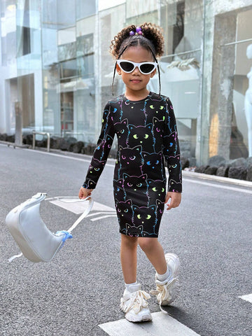 Young Girl Casual Comfortable Print Knit Crew Neck Long Sleeve Fitted Dress