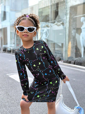 Young Girl Casual Comfortable Print Knit Crew Neck Long Sleeve Fitted Dress