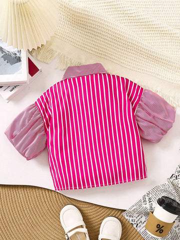 Young Girl Casual Commuter Energized Striped Lantern Sleeve Shirt With Thick & Thin Joint